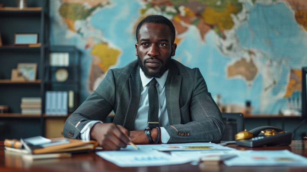 Suave entrepreneur strategizing in a high-rise office, mapping o