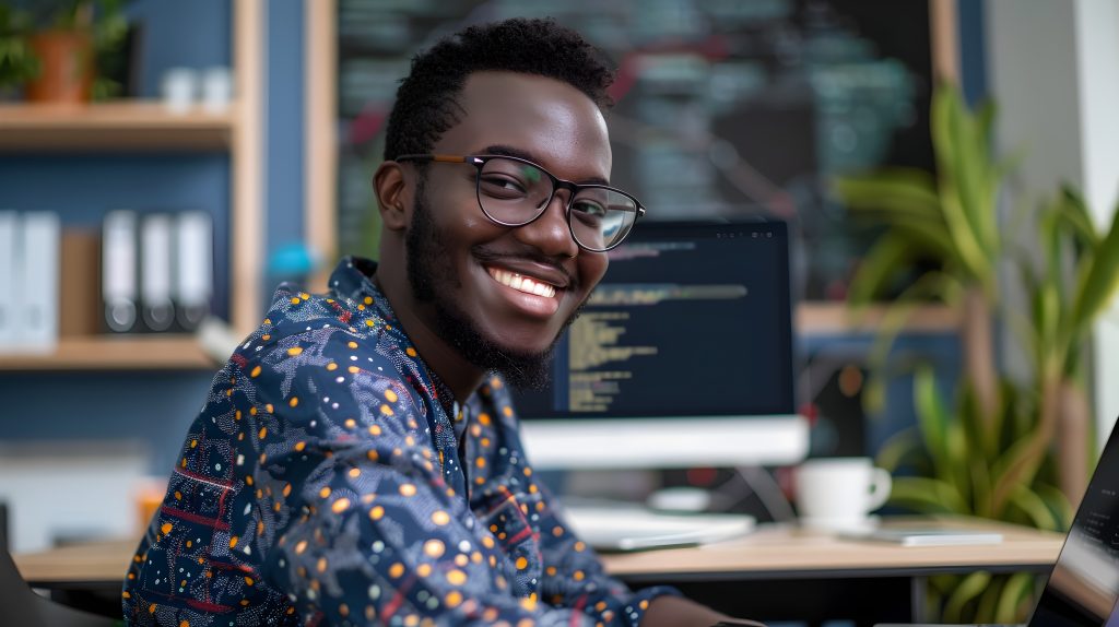 Smiling Young Technology Professional Posing in Colorful Office